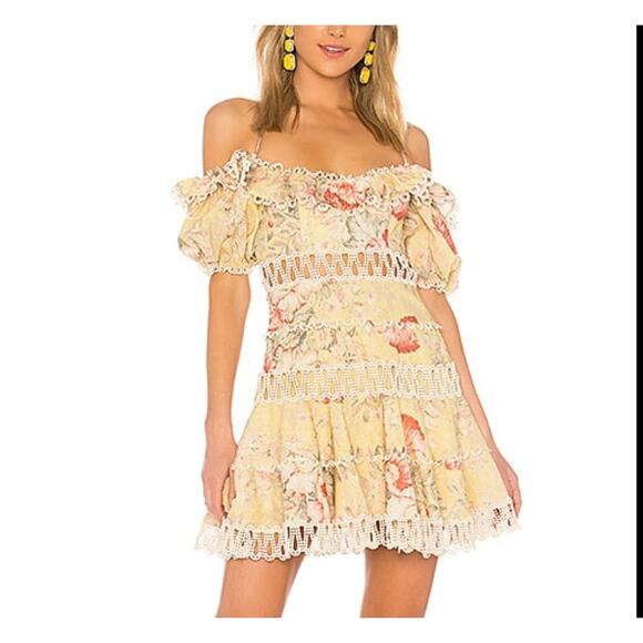 Zimmermann Melody Off Shoulder Mini Dress Yellow Floral (1) Size 6 Flirty Linen - Picture 1 of 13